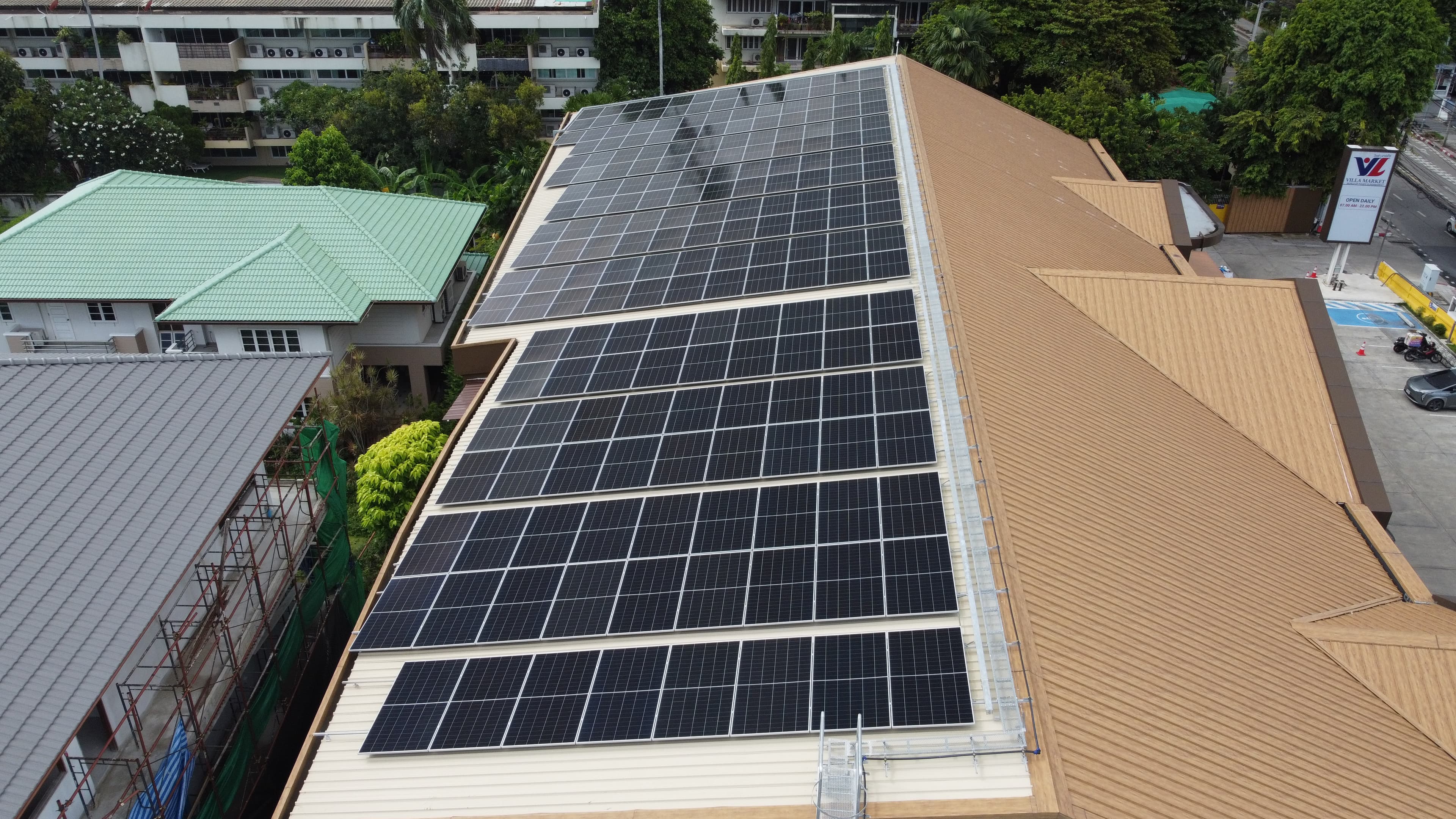 Solar panels installed on a commercial roof