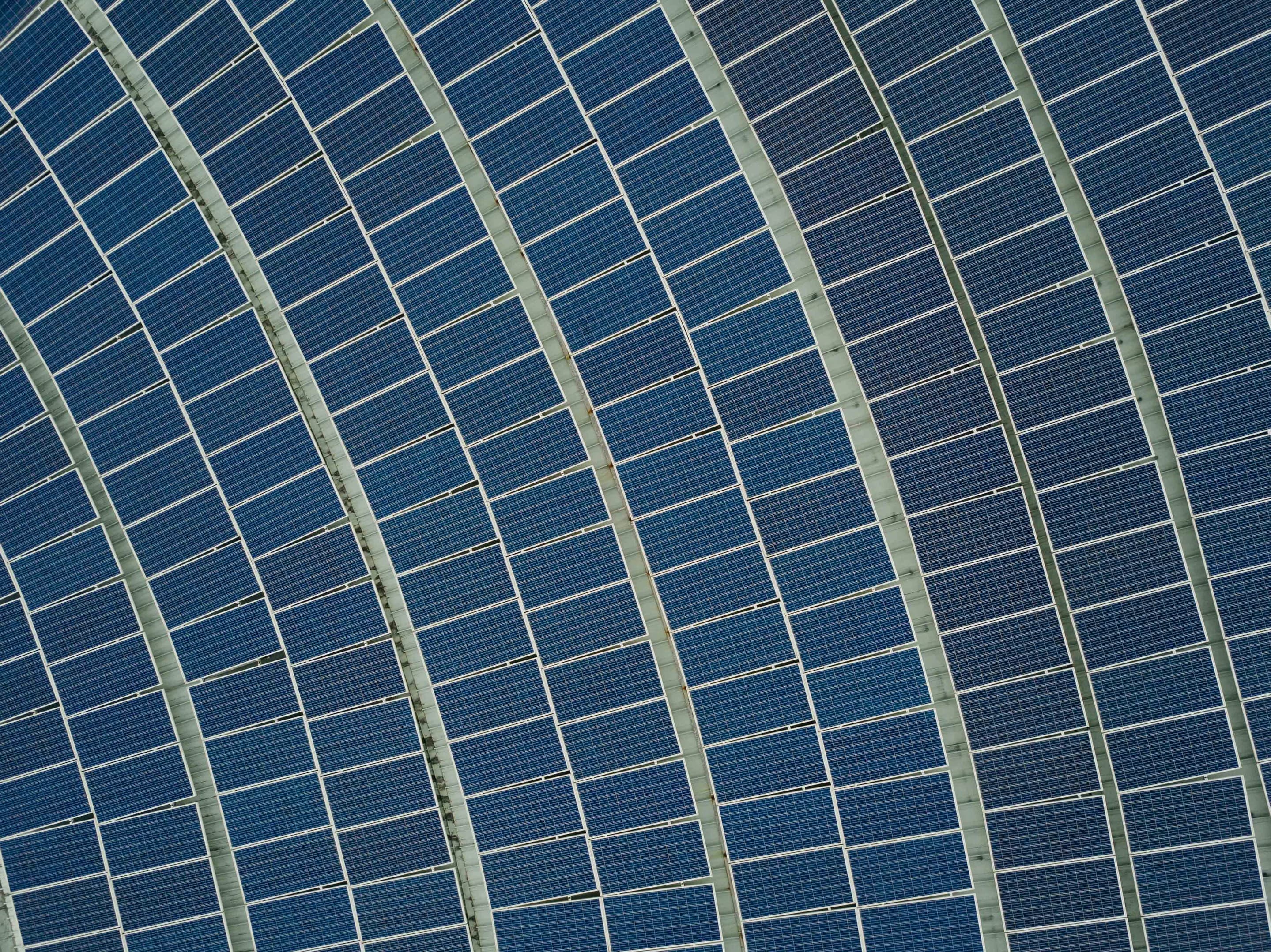 Aerial view of a large solar panel installation