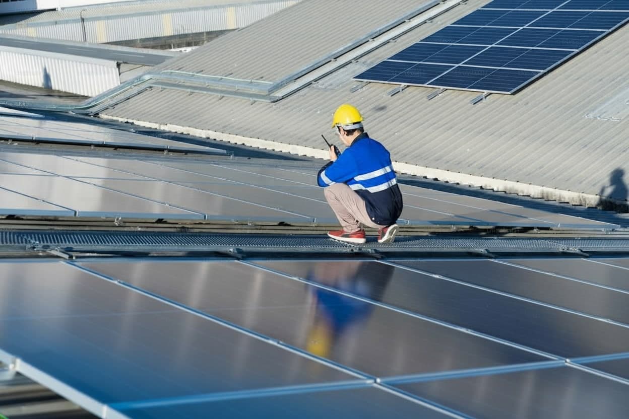 A technician inspecting solar panels