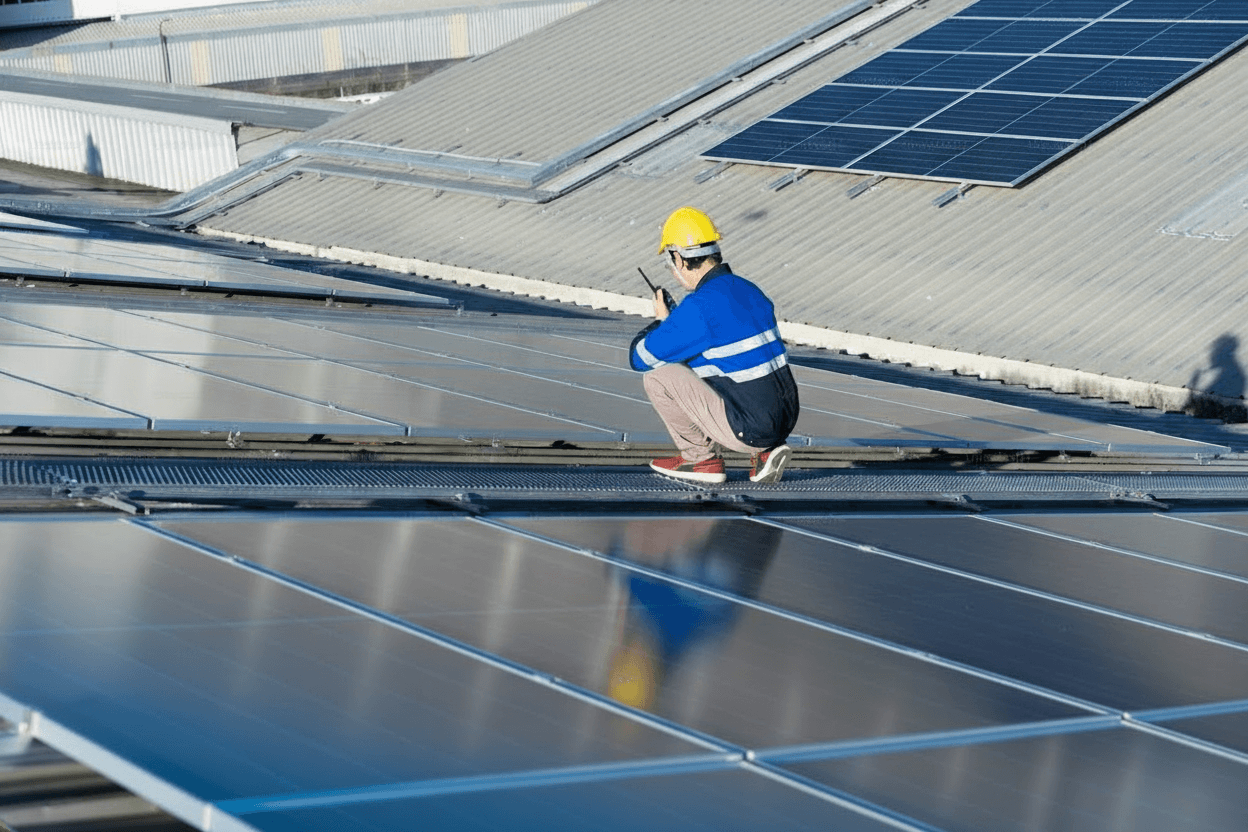 A technician inspecting solar panels